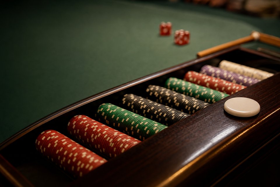 The dealer's chip rack on a craps table, with chips sorted by color and a white puck on the rail (AI-generated image)