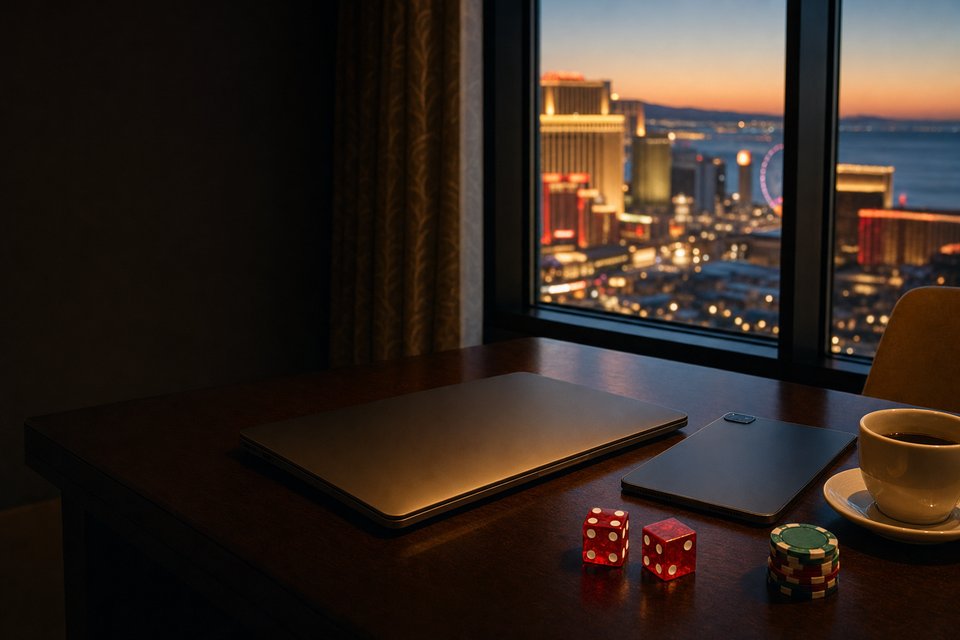 Two red dice and a short stack of chips on a hotel desk beside a closed laptop, casino lights blurred through the window (AI-generated image)