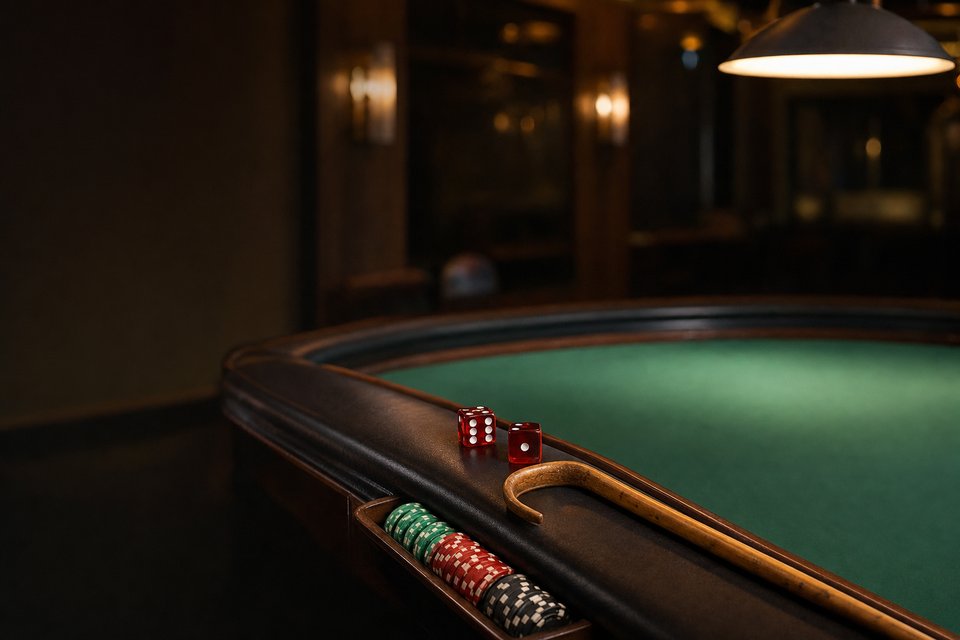 A stickman's wooden stick on the rail of a craps table before opening, with two red dice and racked chips (AI-generated image)