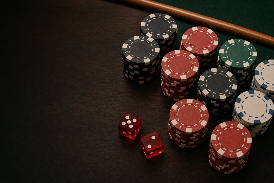 Stacks of casino chips and two red dice on a walnut table, seen from above, with a stickman's stick (AI-generated image)