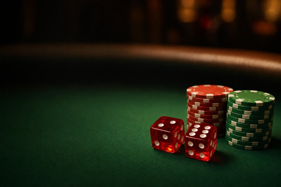Two red dice beside short stacks of red and green chips on green craps felt (AI-generated image)