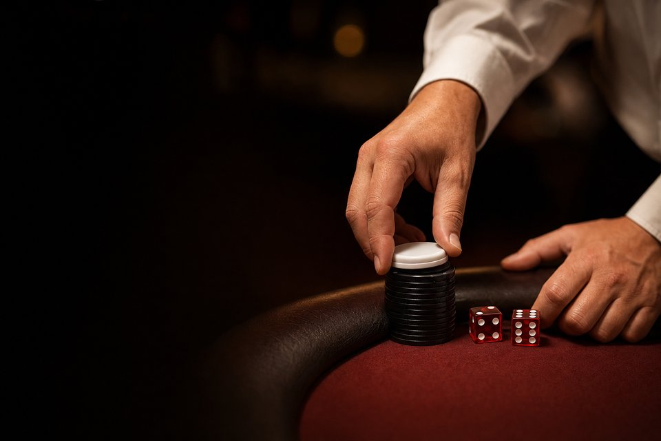 A dealer setting a small marker button on a stack of black chips on the rail of a craps table (AI-generated image)