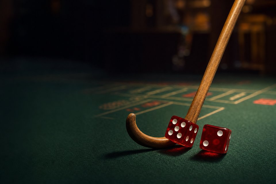 A stickman's hooked wooden stick guiding two red dice across green felt toward the center of a craps table (AI-generated image)