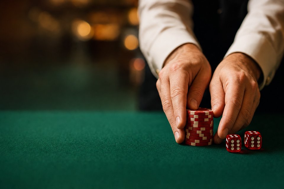 A dealer's hands sliding red chips across green felt beside two red dice (AI-generated image)
