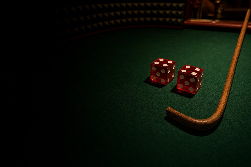 Two red dice showing a pair of fours resting on the center of a green craps layout beside the stickman's curved stick (AI-generated image)