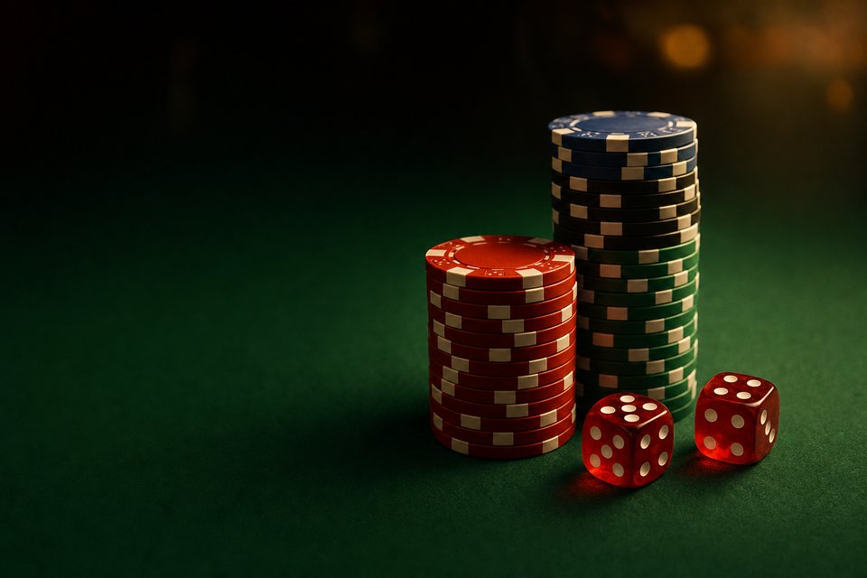 A short stack of red chips in front of a taller stack of mixed chips on green craps felt (AI-generated image)