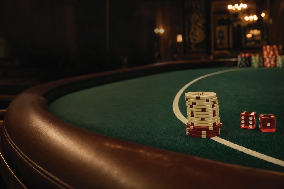 A stack of chips on the pass line of a green craps layout, two red dice resting near the curved white line (AI-generated image)