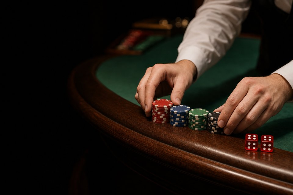 A dealer lining up four stacks of chips on the rail of a craps table beside two red dice (AI-generated image)