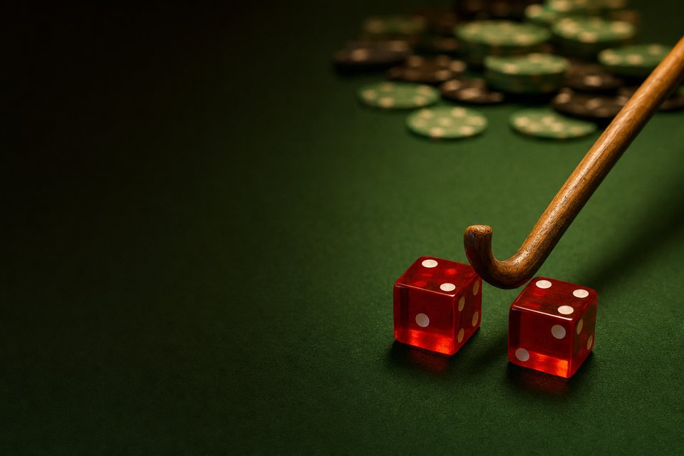 A stickman's hooked stick pushing two red dice across green felt past scattered chips (AI-generated image)