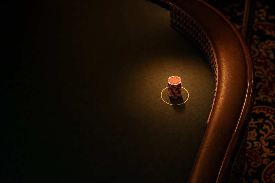 A small circle of chips on the side-bet area of a dark craps layout, lit by an amber spotlight from above (AI-generated image)