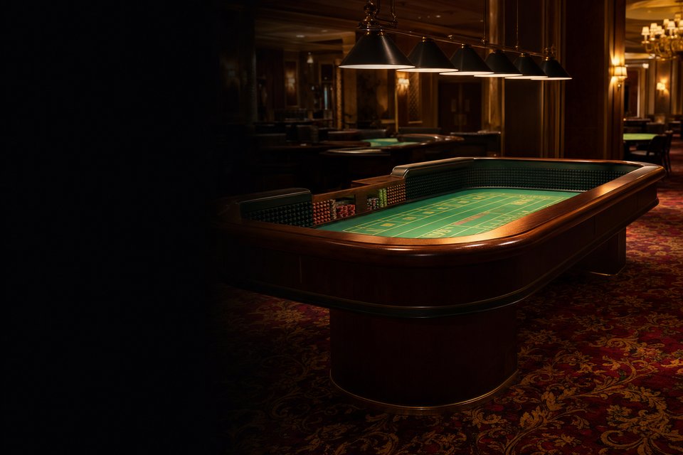 A quiet casino floor at dawn with an empty craps table under dimmed lights, chips racked along the rail (AI-generated image)