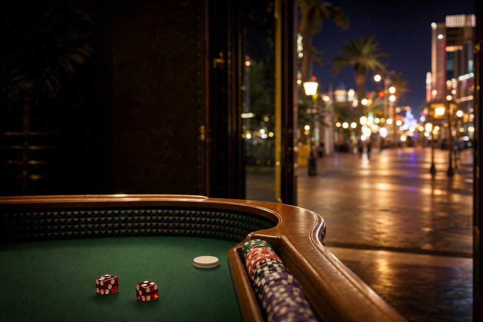 The rail of a craps table inside the open doors of a downtown casino, a glowing street outside (AI-generated image)
