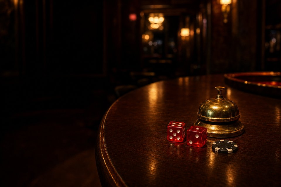 A craps dealer's puck and a pair of dice resting on the rail of an empty table, a pen and a folded note beside them (AI-generated image)