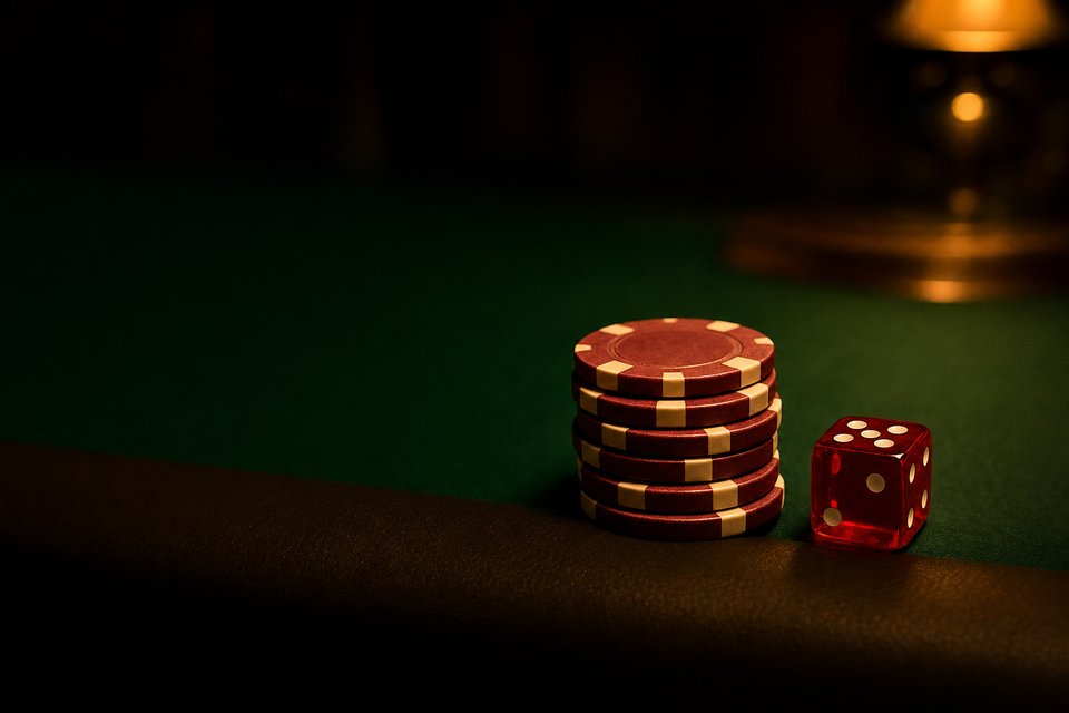 A small stack of casino chips and a single red die on a dark felt table edge, lit from one side (AI-generated image)