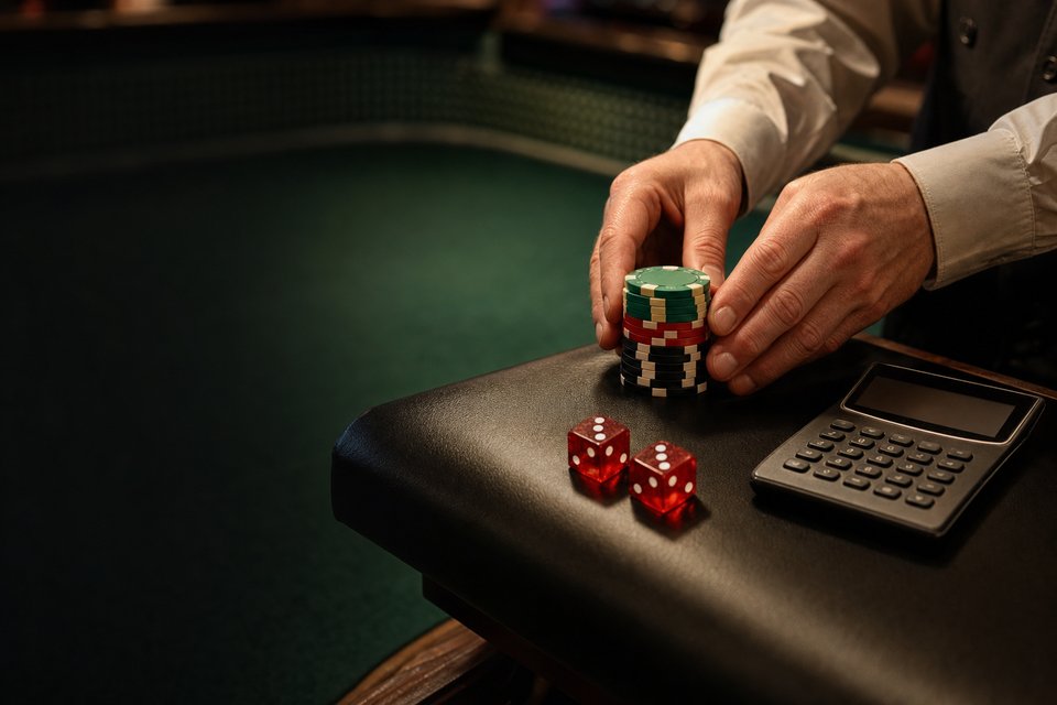 A dealer squaring chips on a craps rail beside a pocket calculator and two red dice (AI-generated image)