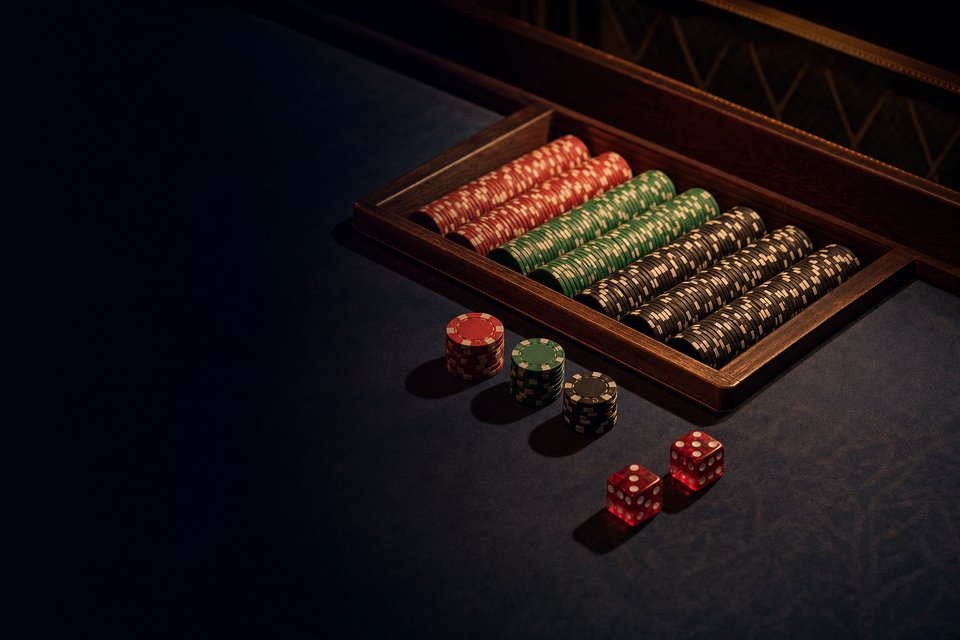 A dealer's chip rack on a craps table, rows of colored chips sorted by value under warm casino light (AI-generated image)