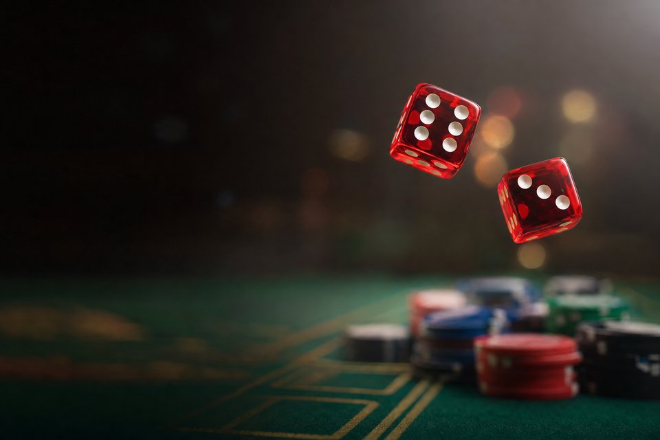 Two red dice caught mid-air above a green craps layout, a blurred row of chips on the place numbers behind them (AI-generated image)