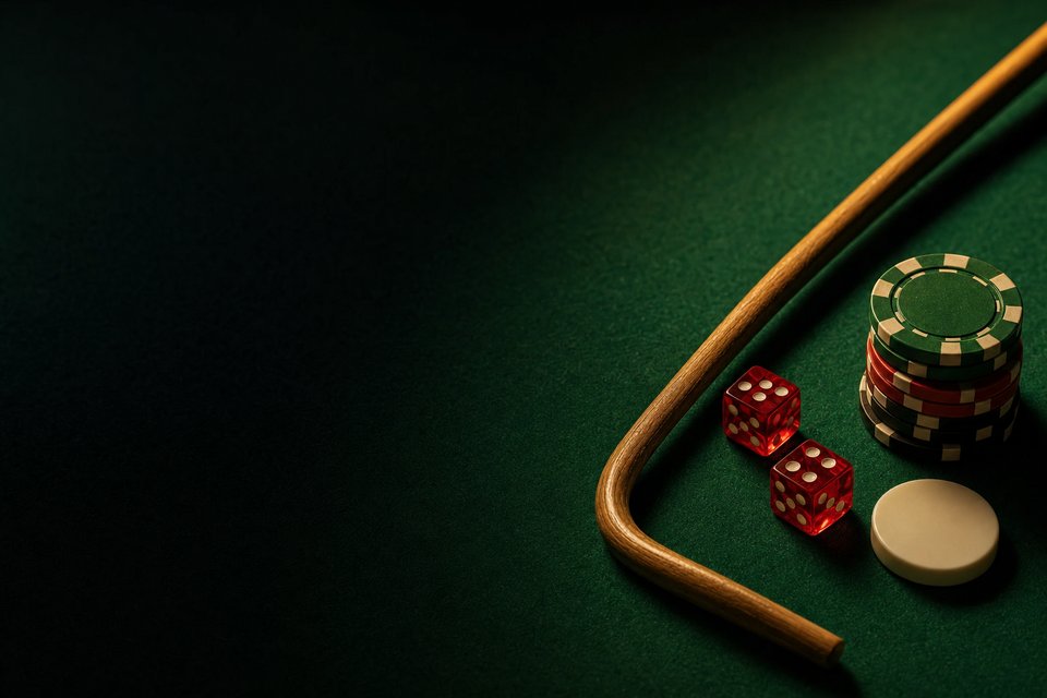 A craps dealer's wooden stick, a white puck and a short stack of chips laid out on dark green felt under a low lamp (AI-generated image)