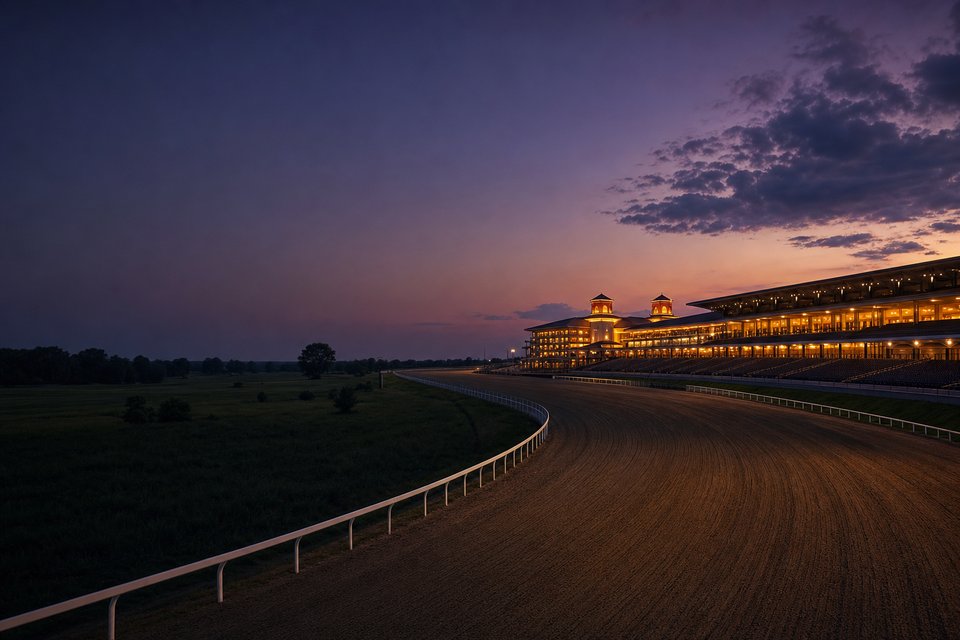 An empty harness racing track at dusk with a lit grandstand and casino building glowing beyond the rail (AI-generated image)