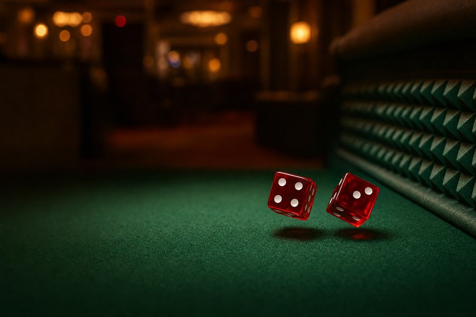 Two red dice bouncing toward the back wall of an empty craps table in a softly lit casino (AI-generated image)