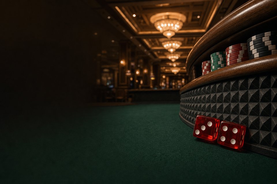 Two red dice landing on the green felt of a craps table in a grand casino hall under crystal chandeliers (AI-generated image)