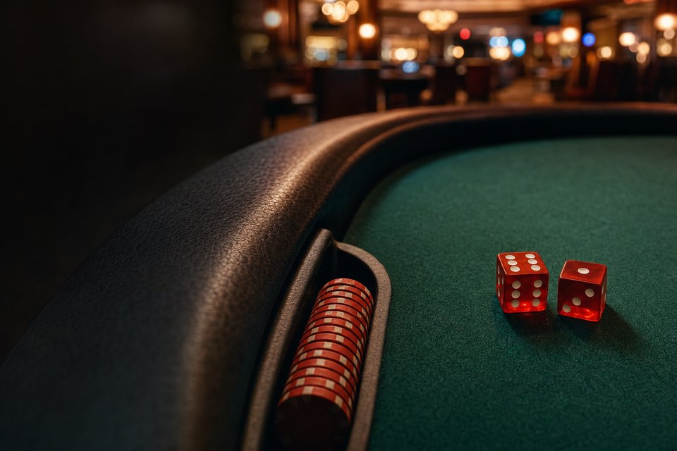 A small stack of red chips on a craps table rail with two red dice on the felt beyond (AI-generated image)