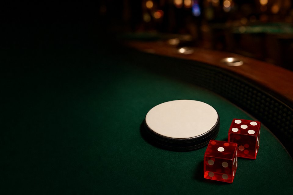 The white ON side of a craps puck resting in a numbers box on green felt, with two dice beside it (AI-generated image)