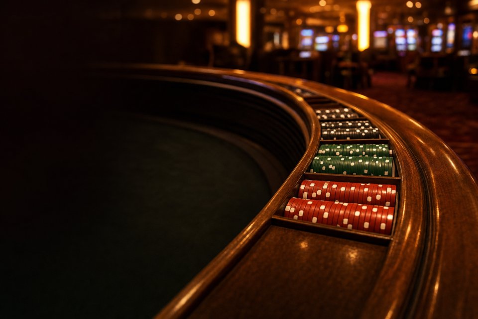 A row of colored chips lined up in the grooved wooden rail of a craps table under warm casino lighting (AI-generated image)