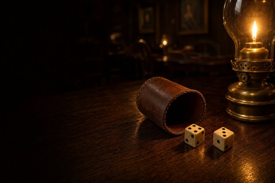 An old wooden dice cup and two worn ivory-colored dice on a dark leather tabletop beside a brass oil lamp (AI-generated image)