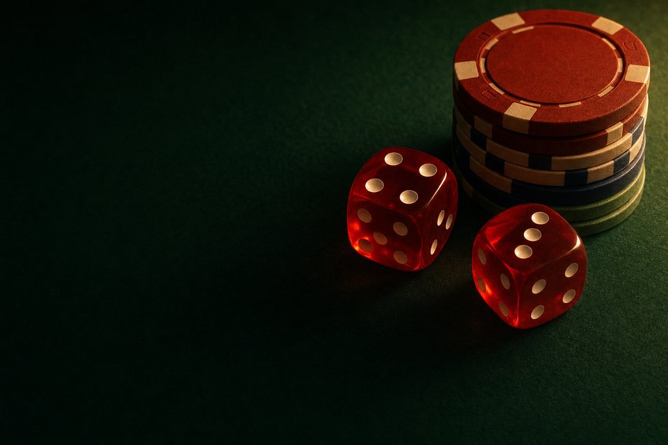Two red casino dice resting on green felt beside a short stack of chips, lit from above by a single lamp (AI-generated image)
