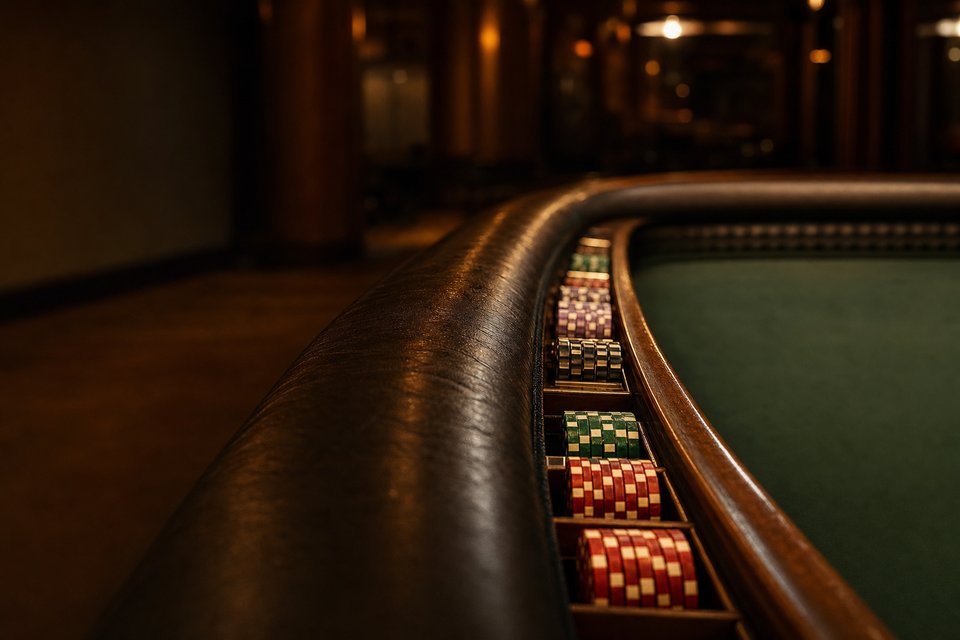 The long curved padded rail of an empty craps table, with chips racked in the groove (AI-generated image)