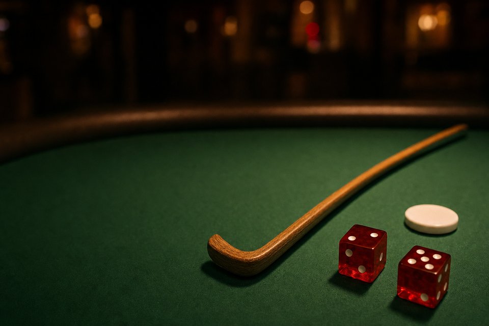 A stickman's stick, a white puck and two red dice on green craps felt (AI-generated image)