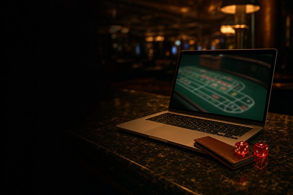 A laptop on a casino bar showing a blurred green craps layout, a notepad and a pair of red dice beside it (AI-generated image)