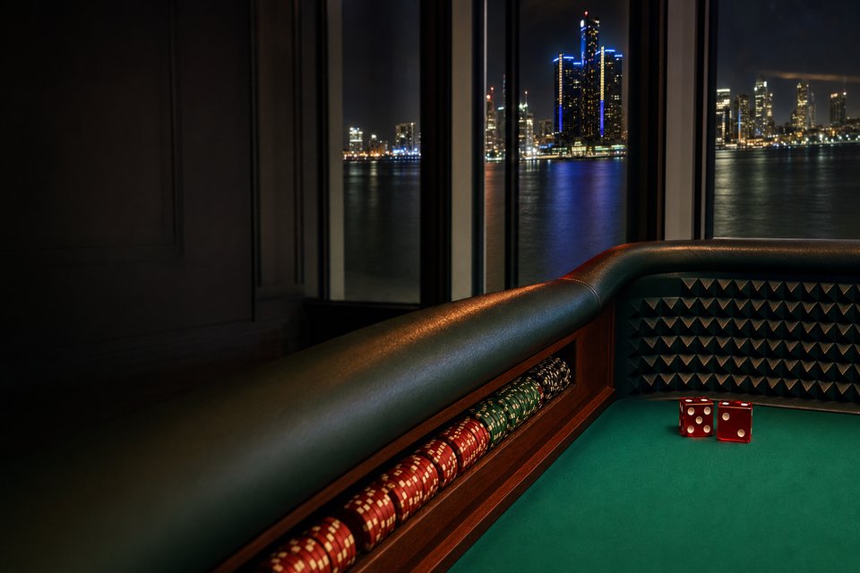 A craps table rail beside casino windows, the Detroit riverfront skyline glowing across the water at night (AI-generated image)