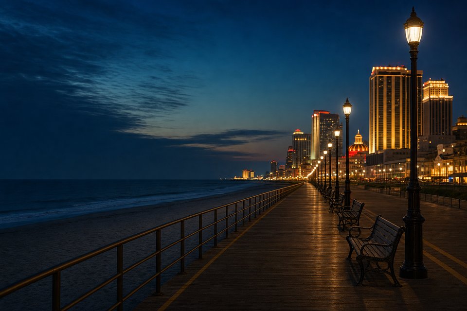 A wooden seaside boardwalk at blue hour with casino lights glowing softly along the shore and the dark ocean to one side (AI-generated image)
