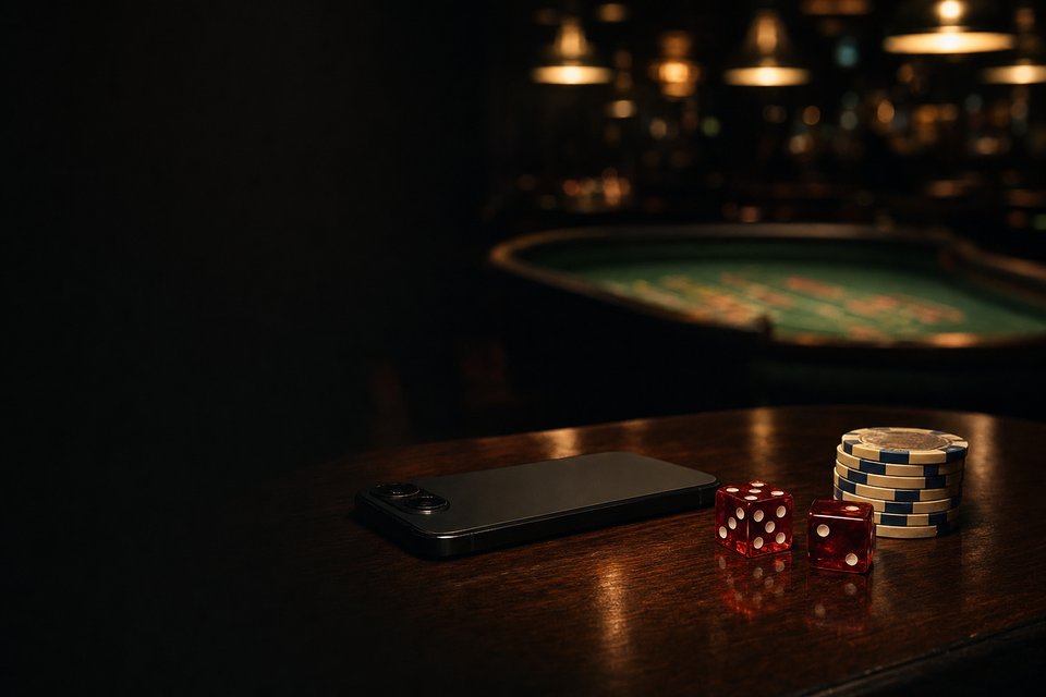 A smartphone lying face down on a dark wooden casino bar beside two red dice and a short stack of chips, a blurred craps table glowing green behind (AI-generated image)