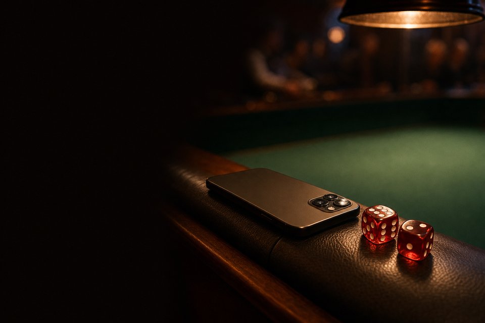 A phone lying face-down on the padded rail of a craps table beside two red dice (AI-generated image)
