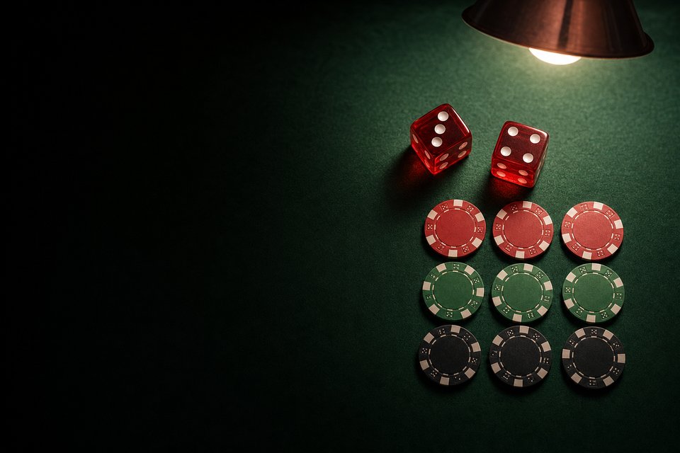 Two red dice resting on green felt beside a small grid of chips arranged in rows (AI-generated image)