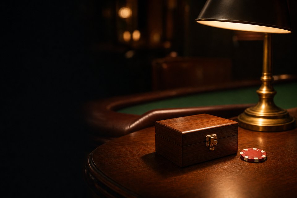A closed wooden dice box and a single red chip on a walnut desk under a lamp (AI-generated image)