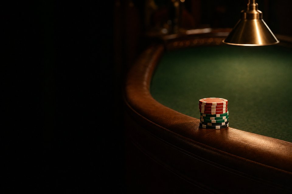 A small stack of chips set aside on the rail of a craps table, the felt beyond it empty and softly lit (AI-generated image)