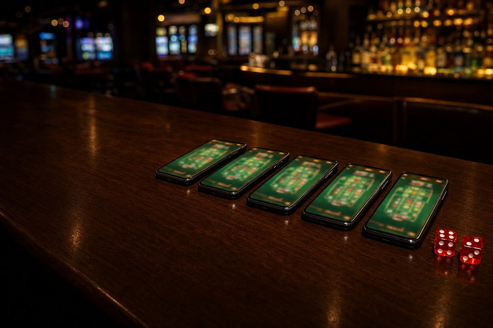 Several smartphones lying face up on a dark casino bar top, their screens glowing with blurred green table layouts (AI-generated image)