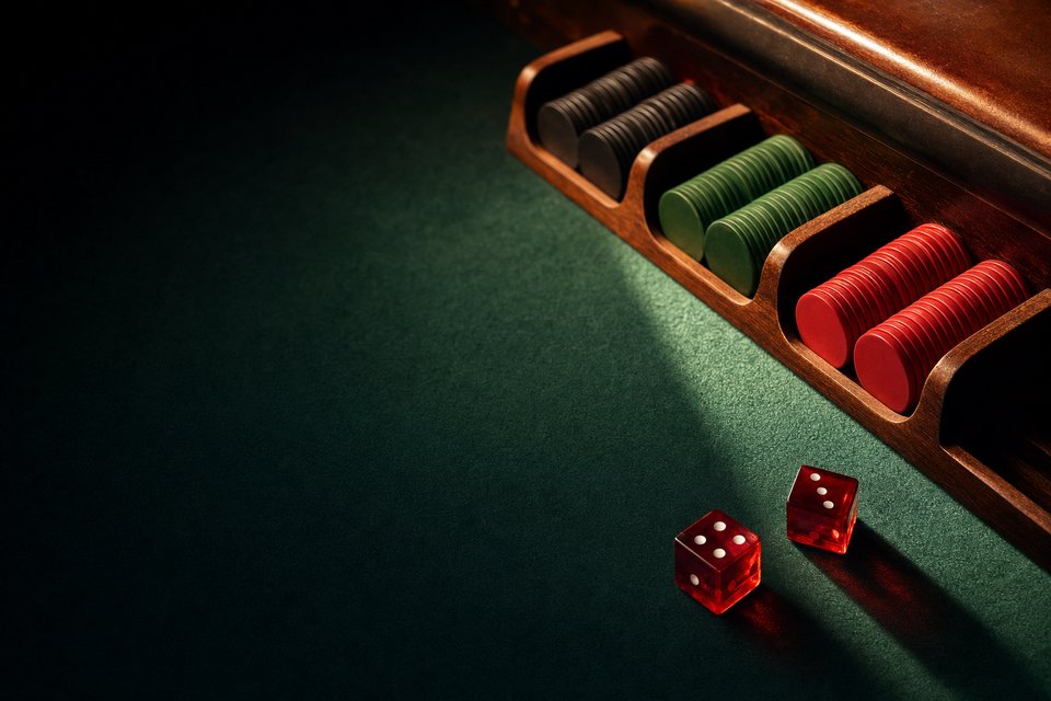 Stacks of casino chips in the wooden rack along a craps table rail, early morning light across the felt (AI-generated image)