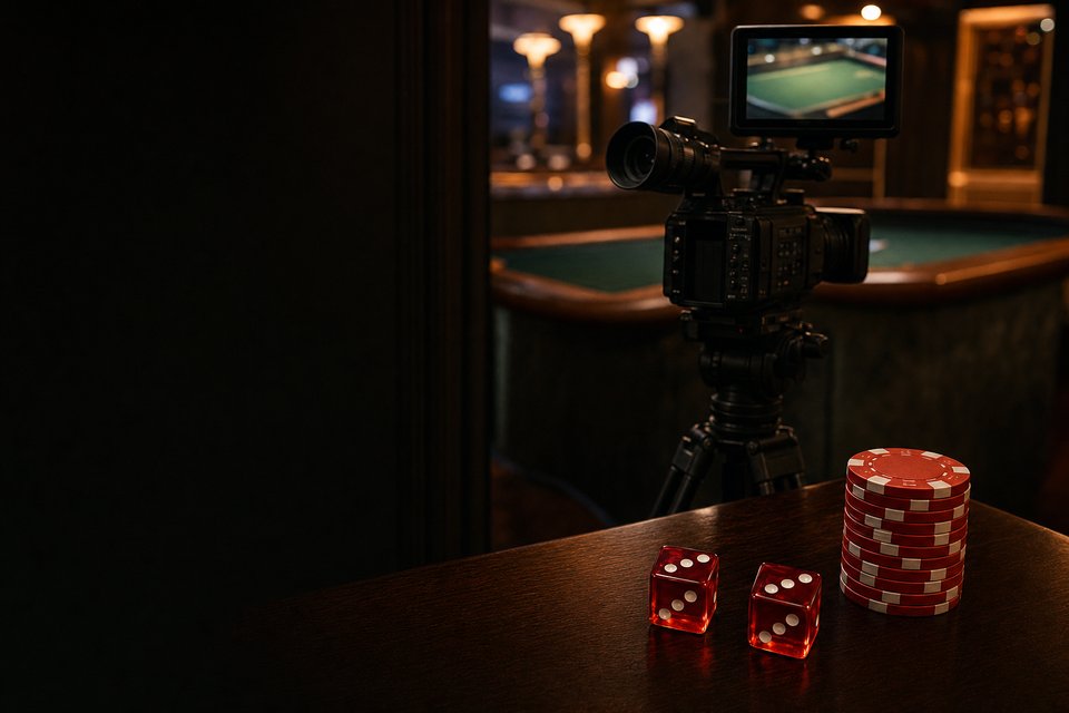 A broadcast camera aimed at a softly lit craps rail, with red chips and dice on a desk in front (AI-generated image)