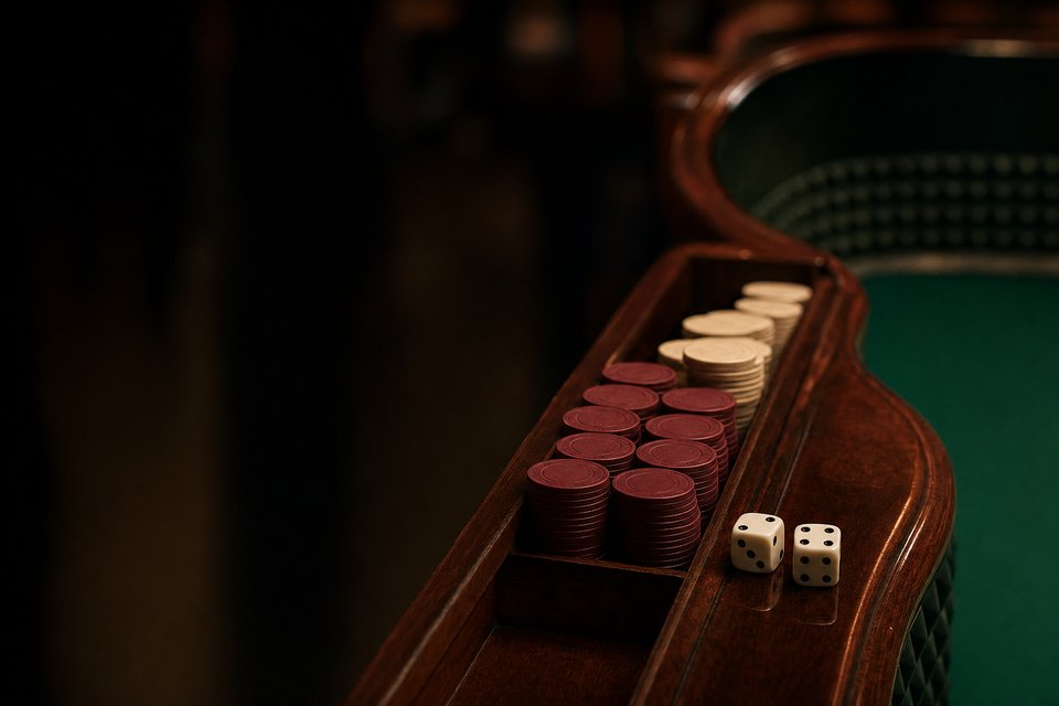A mahogany chip rack along the rail of a craps table at night, unmarked chips stacked in it and two dice resting on the rail (AI-generated image)