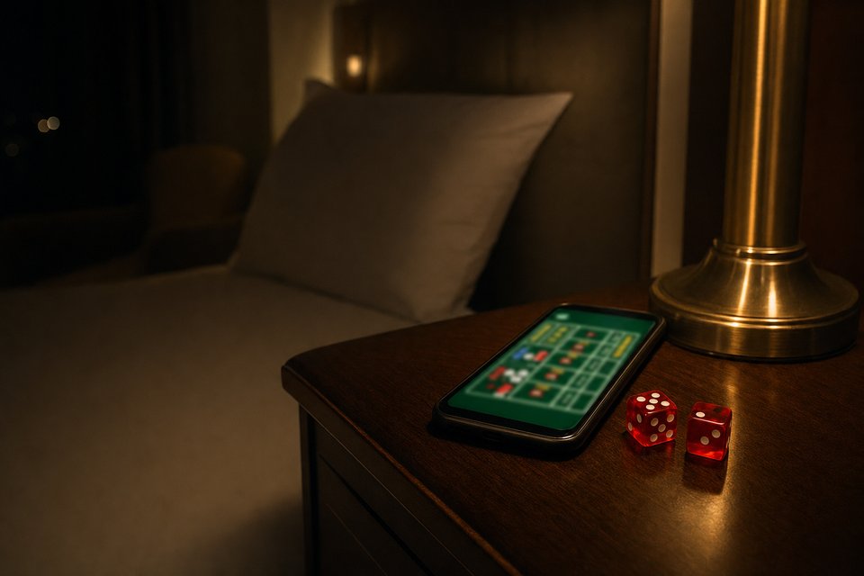 A phone lying face up on a hotel nightstand beside two red dice, its screen showing a blurred green craps layout (AI-generated image)