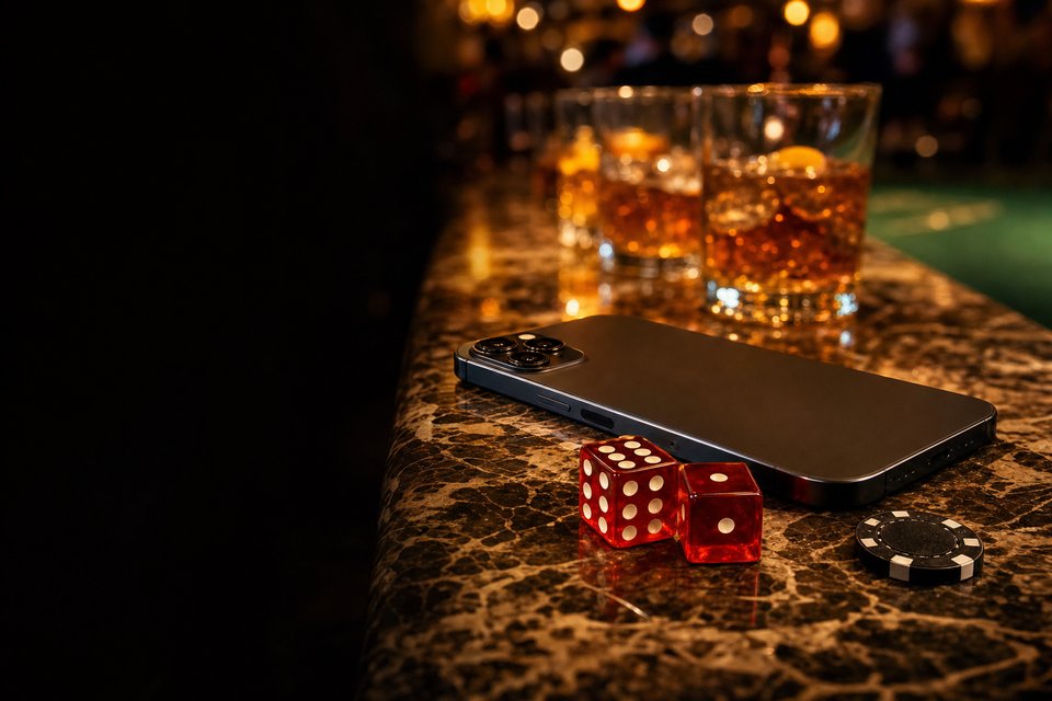 A phone lying face-down on a marble casino bar beside two red dice and a black chip (AI-generated image)