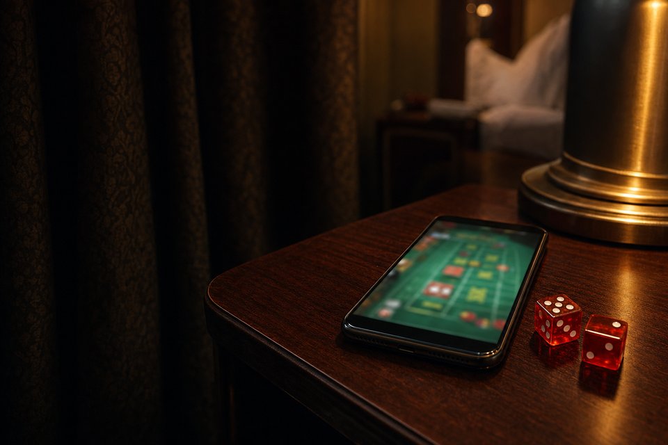 A phone lying on a dark hotel nightstand beside a lamp, its screen glowing with a blurred green dice layout (AI-generated image)