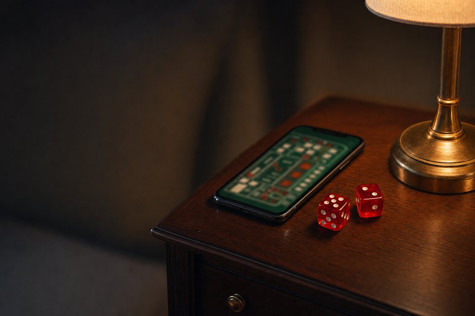A phone lying on a dark hotel nightstand, its screen glowing with a blurred green dice layout, two red dice resting beside it (AI-generated image)