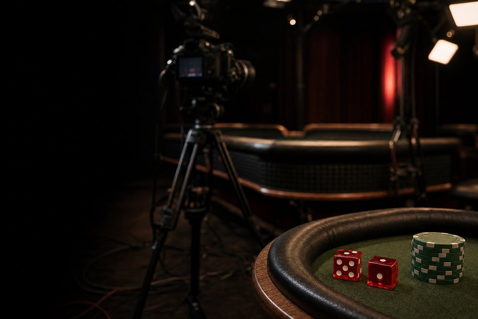 A live dealer studio seen from behind a camera, with red dice and green chips on a side table (AI-generated image)