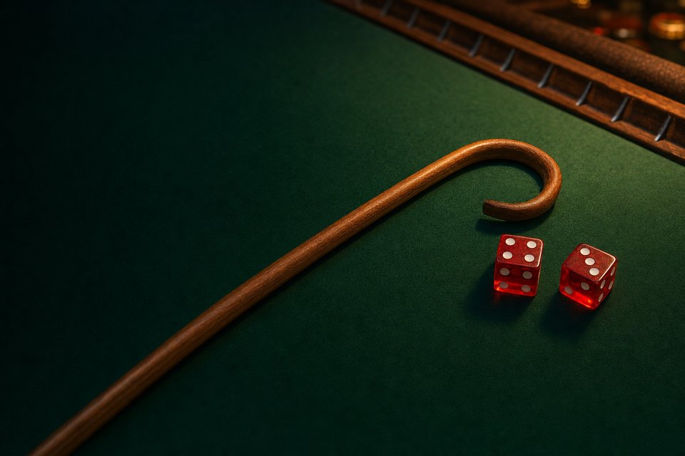 A wooden stickman's stick resting across green craps felt under warm gold light, two dice beside its hooked end (AI-generated image)
